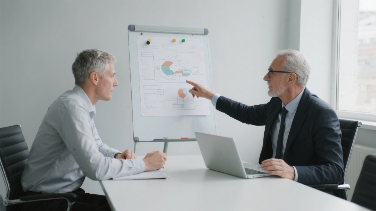 One-to-one consultation in meeting room, mentor listening and pointing at project plan, calm professional coaching setting.