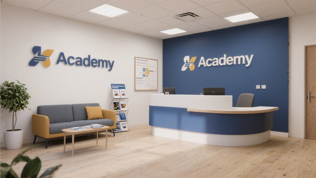 Reception area with academy signage, seating corner and brochures, welcoming environment for visitors and course inquiries.