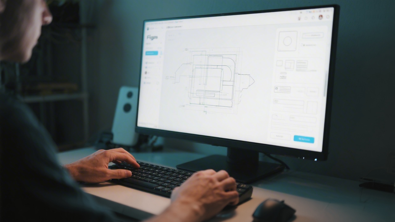 Close view of designer working in Figma interface on large monitor, wireframes and components visible, hands on keyboard and mouse, studio lighting.