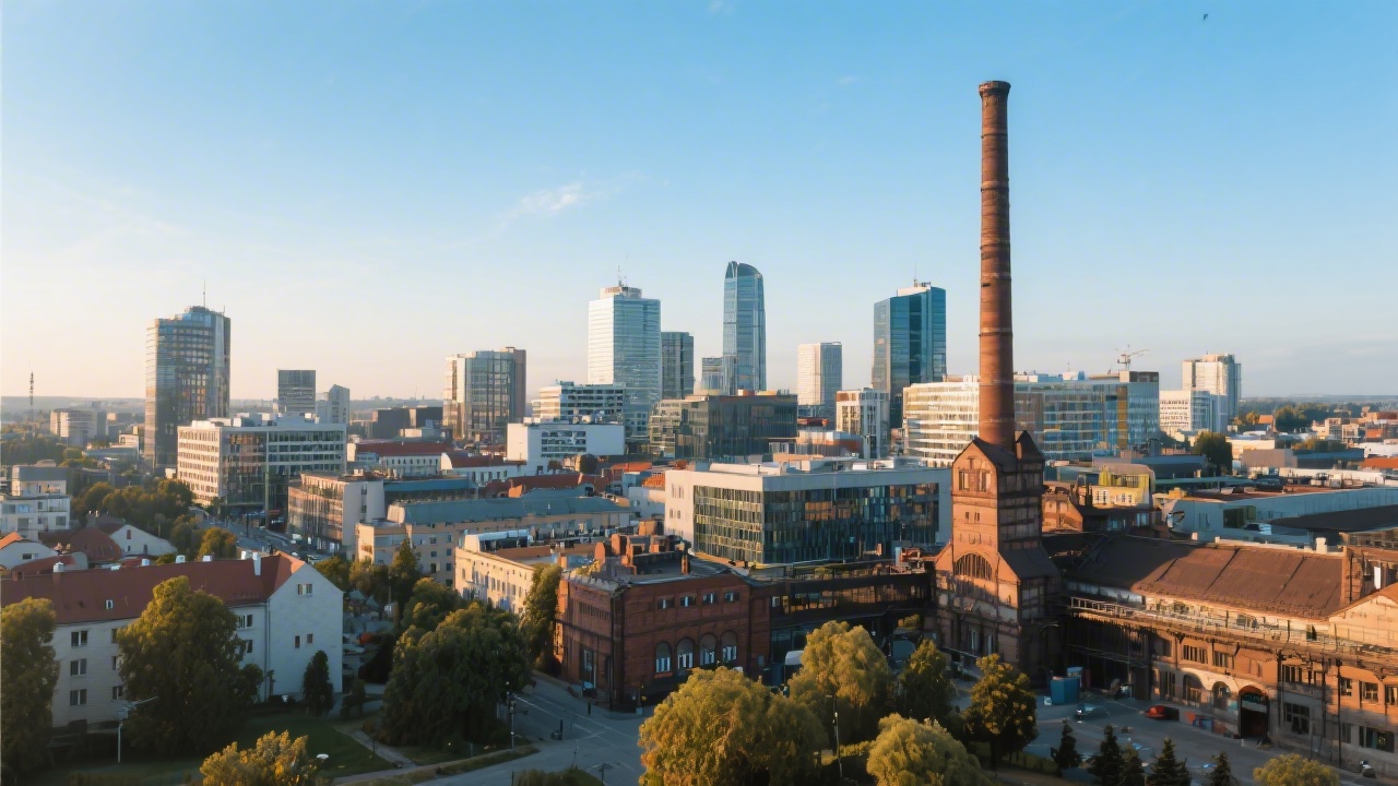 Wide photo of modern Ostrava city skyline with industrial heritage and new office buildings, morning light, clear sky, showing dynamic local business environment.