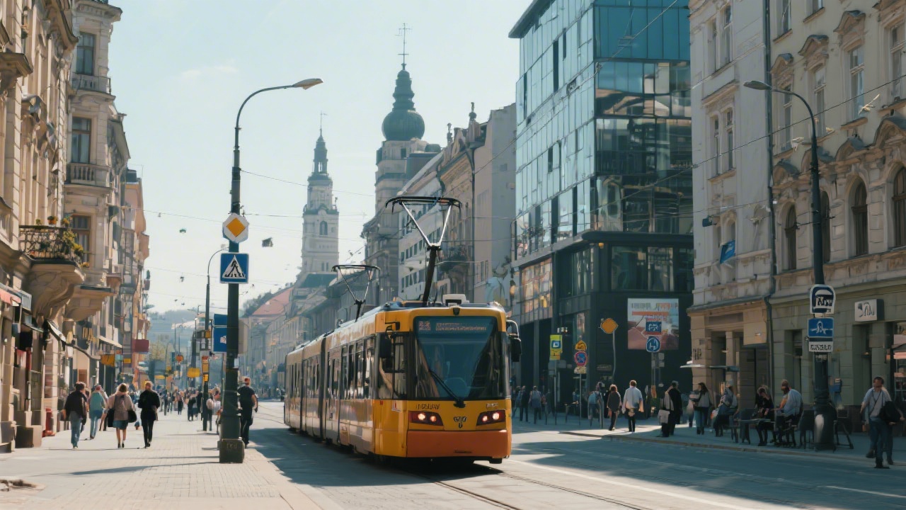Street view in central Ostrava with tram, historic and modern buildings, everyday urban life, reflecting local context for training.