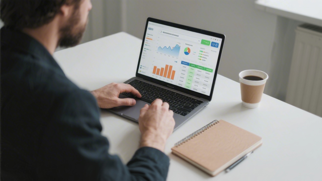 Person reviewing SEO analytics on laptop with charts, keyword tables and search performance, notebook and coffee on desk, focused working environment.