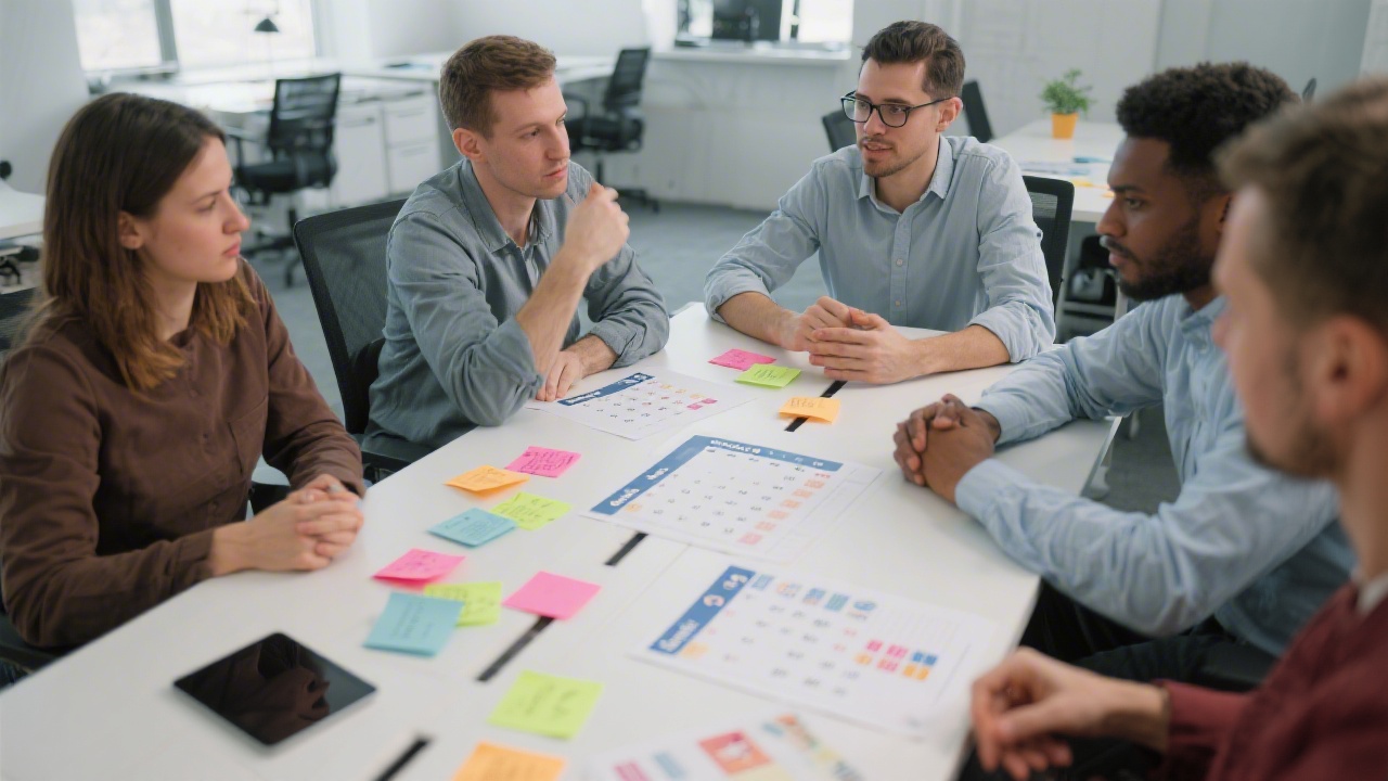 Team planning social media calendar on printed sheets and tablet, colorful sticky notes, modern office table, collaborative marketing discussion.