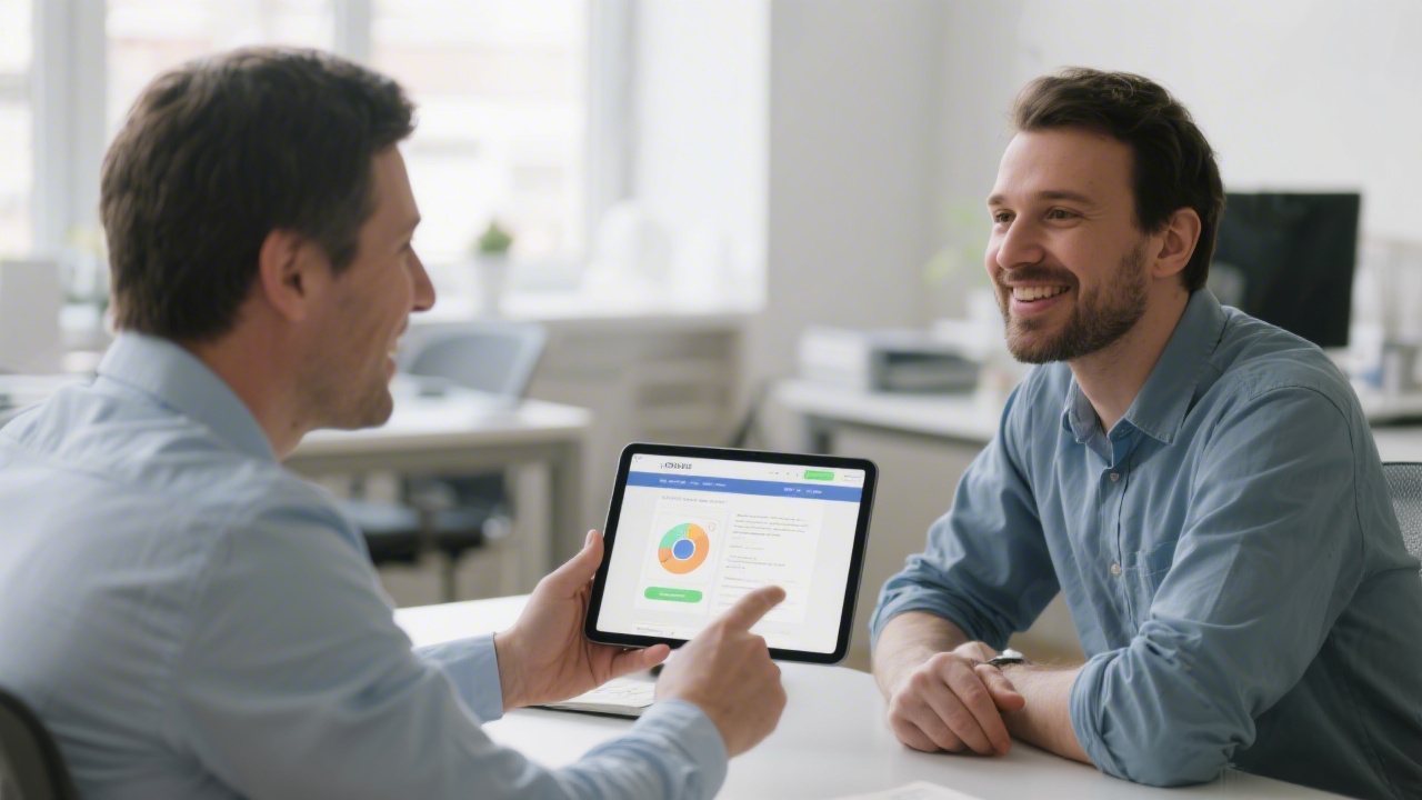 Consultant presenting UX review on tablet to small business owner, showing website prototype, friendly meeting in quiet office.