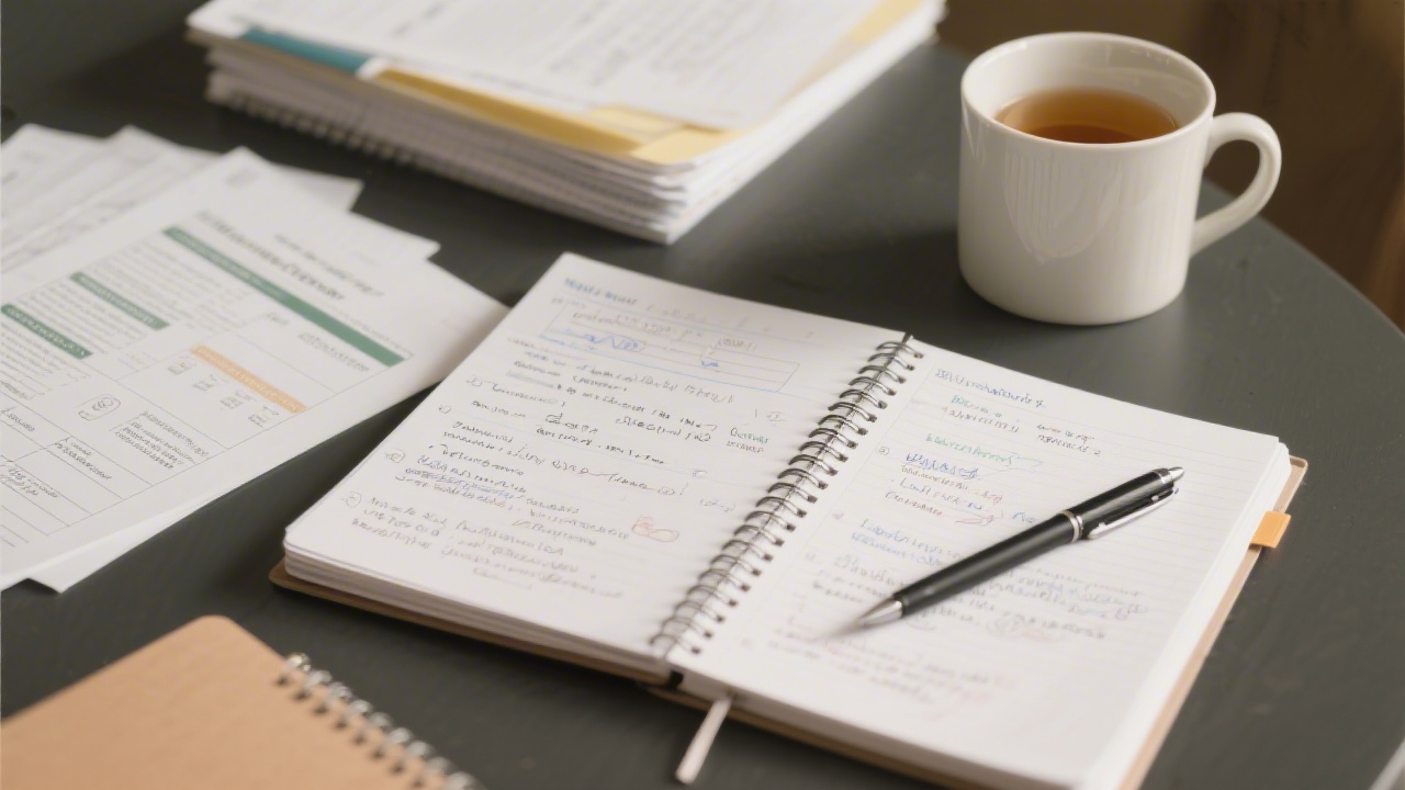 Notebook filled with workshop notes, pen and printed worksheets, cup of tea, showing hands-on learning materials prepared for students.
